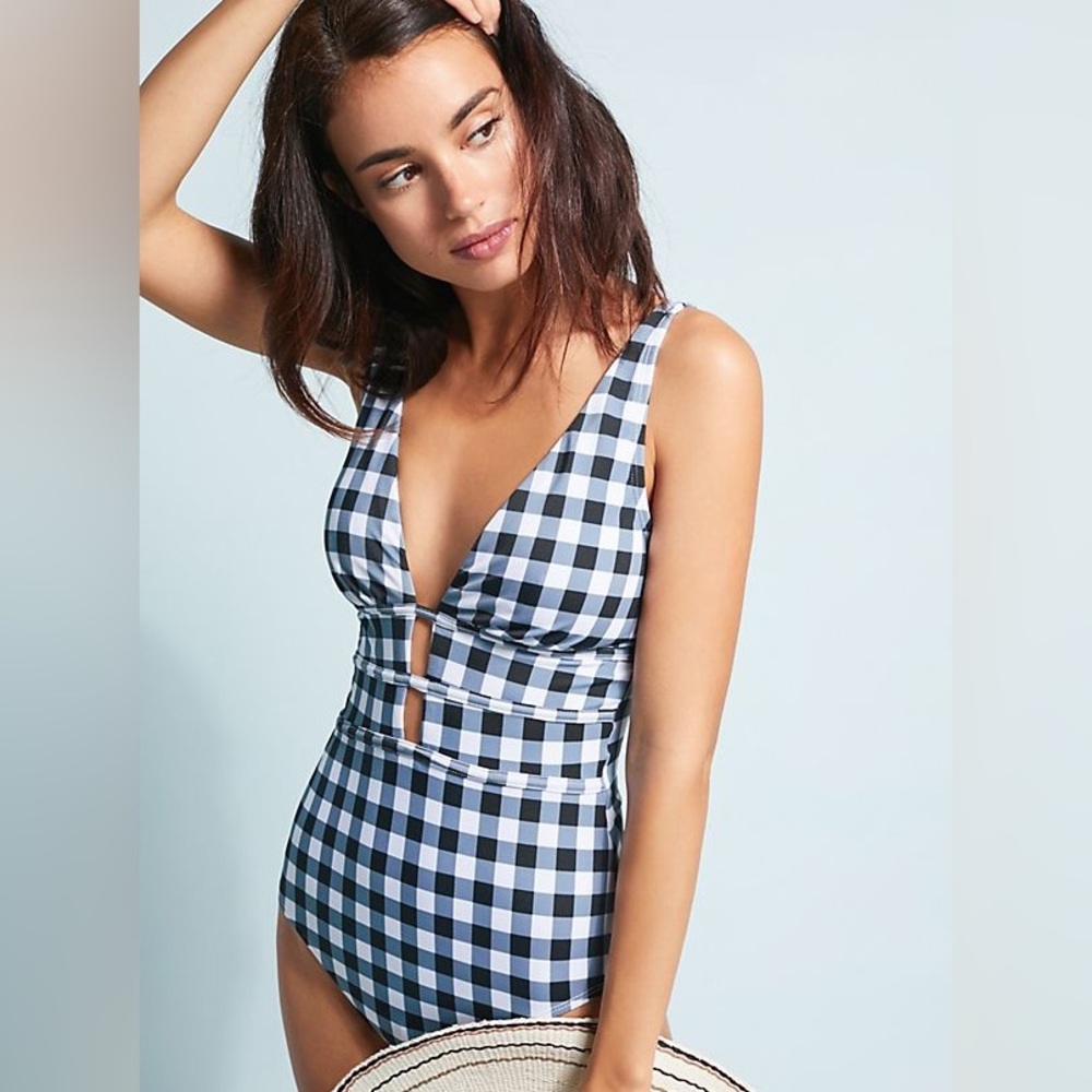🆕 NWT Anthropologie Black and White Gingham Marci One Piece Swimsuit Size Small